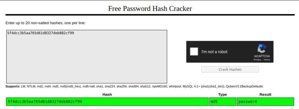 crackstation output of MD5 password