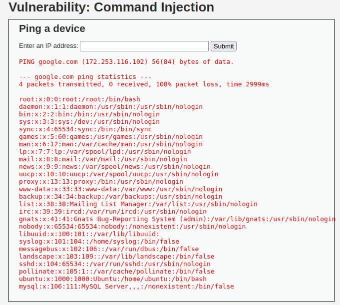 DVWA low security command injection succeed
