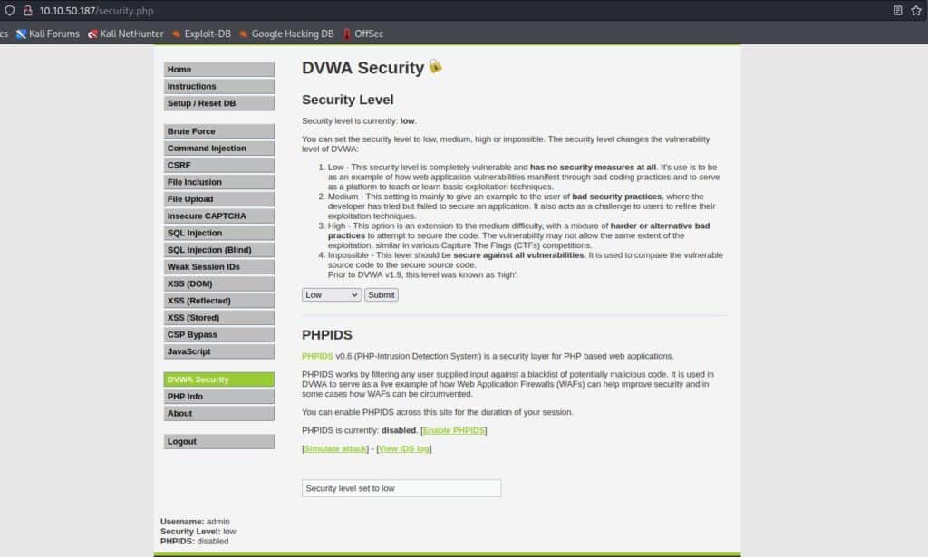 DVWA set security