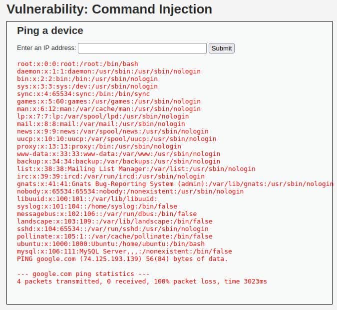 DVWA medium security command injection succeed
