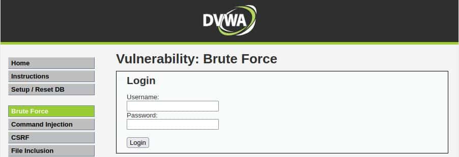 DVWA Brute Force login screen